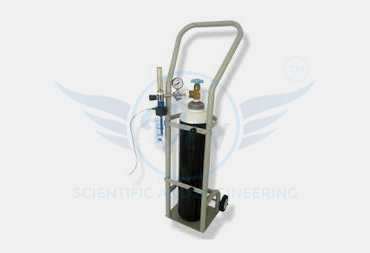 OXYGEN CYLINDER WITH TROLLEY, PRESSURE GAUGE & MASK.